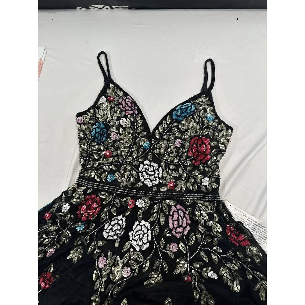 NWT $698 Mac Duggal [ 8 ] V Neck‎ Embellished Floral Sequined Gown Black #G1635 - Picture 9 of 15